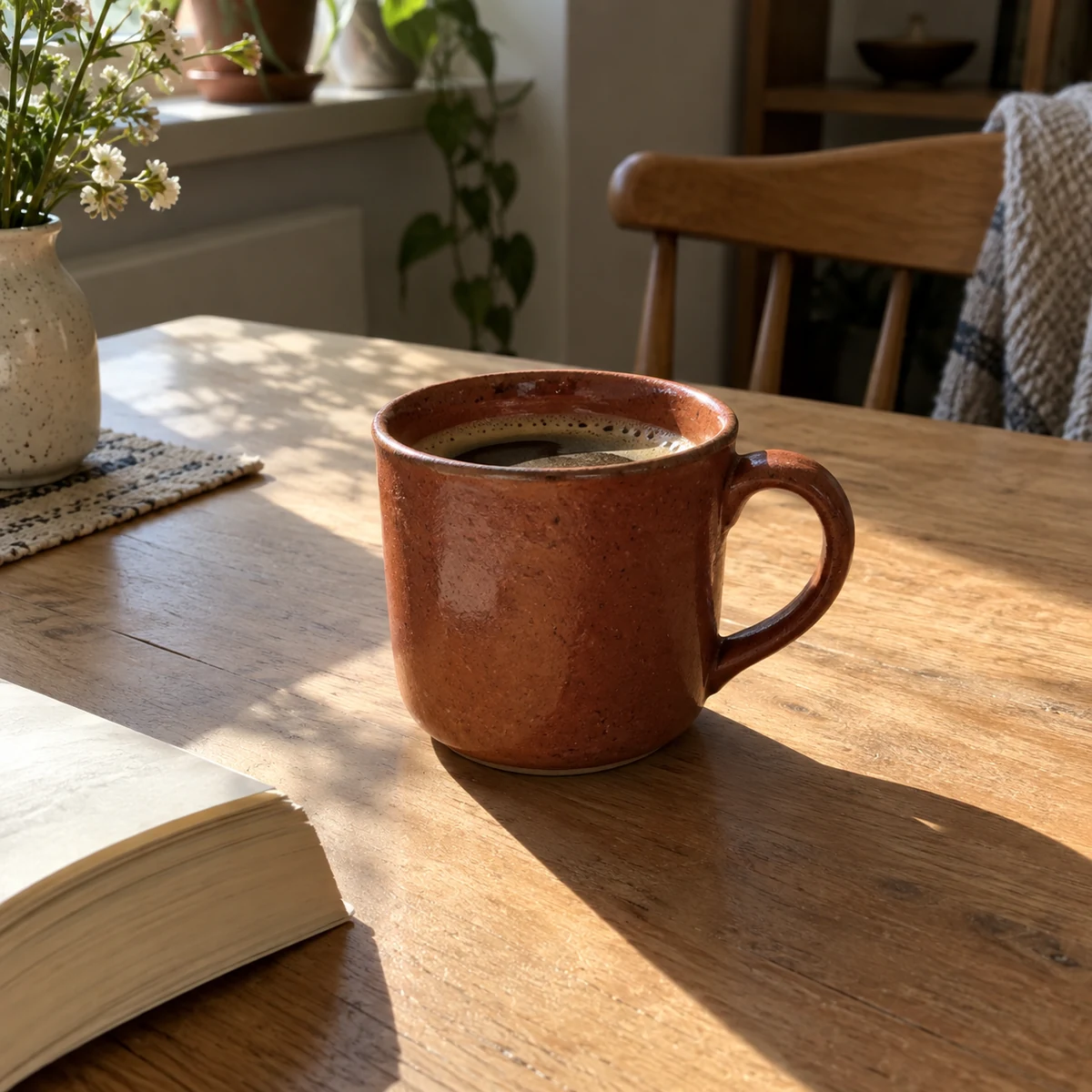 A rust-coloured coffee cup and an open book on a sunlit table
