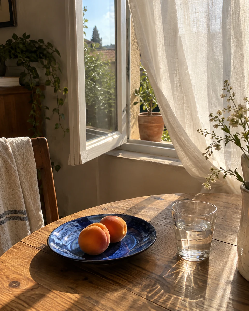 An imagined breakfast table in the sunlight beside an open window.